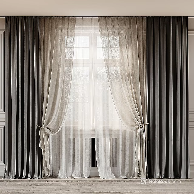 Elegant Layered Curtains With Sheer White Panels And Dark Gray Drapes For Window Light Filtering 3d model 