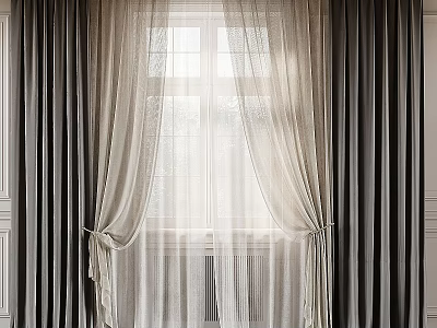 Elegant Layered Curtains With Sheer White Panels And Dark Gray Drapes For Window Light Filtering 3d model