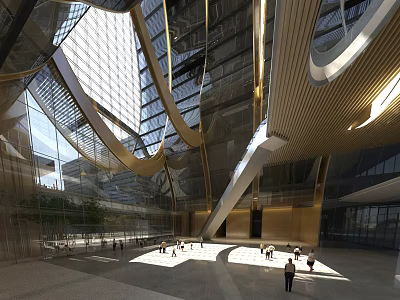 Elegant Front Desk Reception In Modern Lobby With Glass Curtain Walls And Golden Curved Structures 3d model