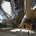 Elegant Front Desk Reception In Modern Lobby With Glass Curtain Walls And Golden Curved Structures