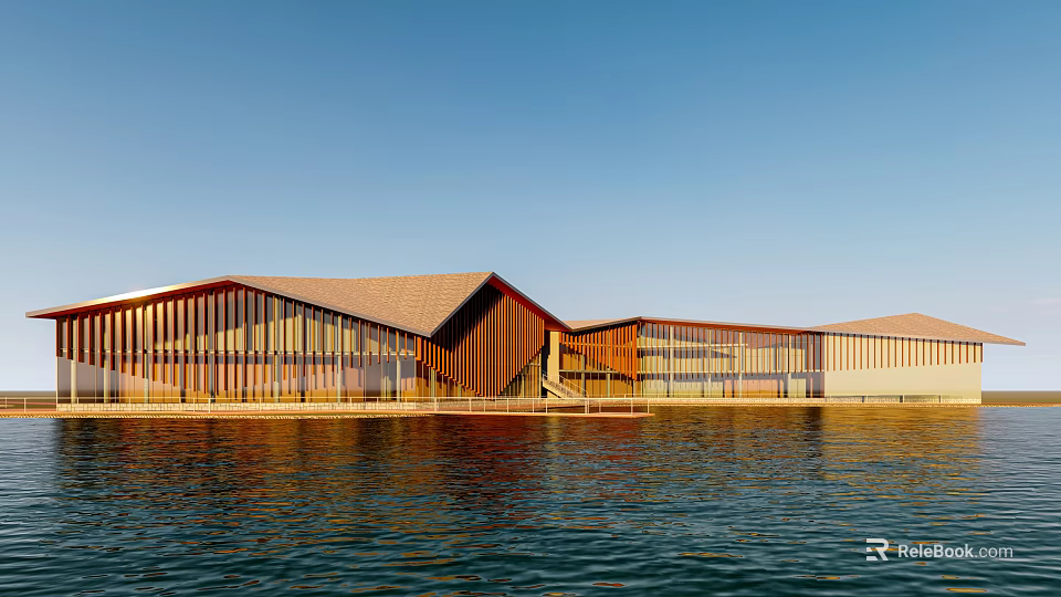 Modern Waterfront Building With Wooden Structure Glass Facade Sloped Roof And Blue Sky 3d model 