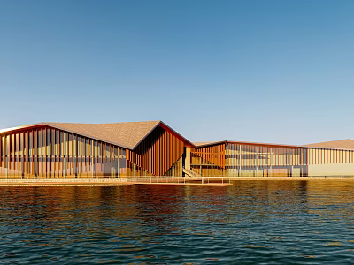 Modern Waterfront Building With Wooden Structure Glass Facade Sloped Roof And Blue Sky 3d model