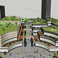 Modern Commercial Street With Green Roof Gardens And Open Pedestrian Spaces