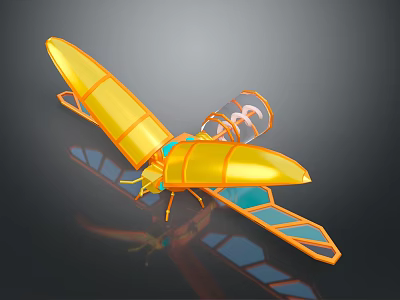 Golden Mechanical Beetle With Transparent Wings Blue Accents And Reflections On Black Background 3d model