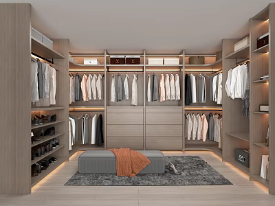 Spacious Walk In Closet With Wooden Cabinets Hanging Clothes Shoe Shelves Bench And Rug 3d model