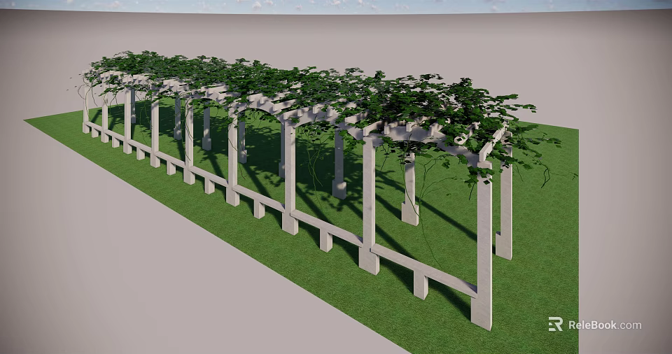 Outdoor White Pergola Structure With Lush Green Vines And Grass Lawn 3d model 