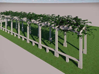 Outdoor White Pergola Structure With Lush Green Vines And Grass Lawn 3d model