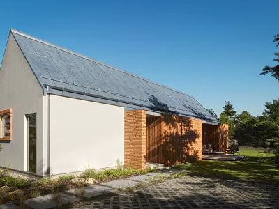 Stylish Detached House Exterior Design With Gray Roof White Walls Wooden Facade And Green Lawn 3d model