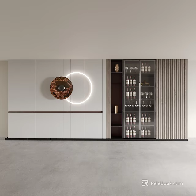 Modern Elegant Background Wall with Circular Decoration Light Strip Wooden Panels and White Wine Cabinet 3d model 