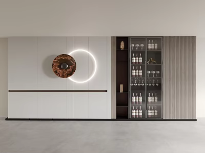 Modern Elegant Background Wall with Circular Decoration Light Strip Wooden Panels and White Wine Cabinet 3d model