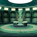 Futuristic Sci Fi Control Chamber With Circular Platform Glowing Human Projection And Illuminated Wall Panels