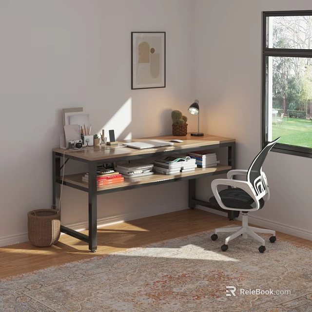 Modern Wooden Desk With Metal Frame Lamp Books And Office Chair By Window 3d model 