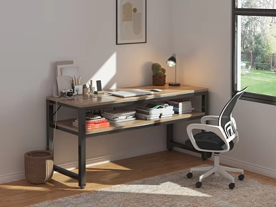 Modern Wooden Desk With Metal Frame Lamp Books And Office Chair By Window 3d model