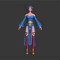 Game Movie Character With Purple Hair Blue Off Shoulder Top Wide Sleeves Golden Belt And Colorful Patterns