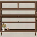 Brown Wooden Wall Mounted Display Cabinet With Glass Door And Flower Vase