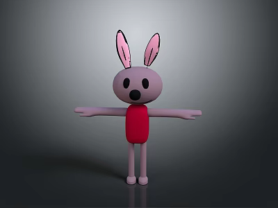 Playful 3D Cartoon Rabbit Character With Pink Ears Black Eyes Red Outfit And Arms Outstretched 3d model