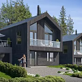 Modern Detached Villa With Dark Exterior Large Glass Windows Green Lawn And Trees