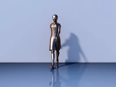 Metallic Human Figure Sculpture Standing With Smooth Surface And Shadow On Reflective Floor 3d model