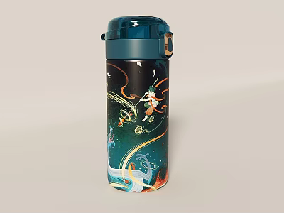 Stylish Vacuum Flask With Blue Lid And Colorful Artistic Patterns On Body 3d model