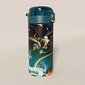 Stylish Vacuum Flask With Blue Lid And Colorful Artistic Patterns On Body