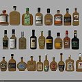 Various Alcohol Bottles and Glasses Displayed with Different Labels Sizes and Designs on White Background