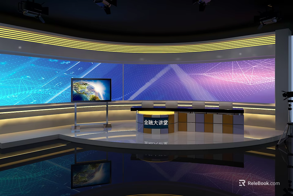 Modern News Studio Set With Large Screen Earth Image And Anchor Desk 3d model 