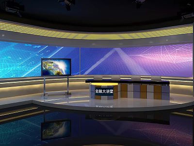 Modern News Studio Set With Large Screen Earth Image And Anchor Desk 3d model