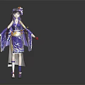 3D Anime Character In Standing Pose With Purple Hair Blue Kimono And Dragon Pattern