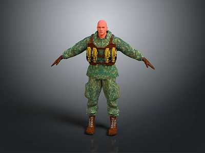 A Man In Camouflage Uniform With Tactical Vest And Brown Boots Standing In Neutral Background 3d model