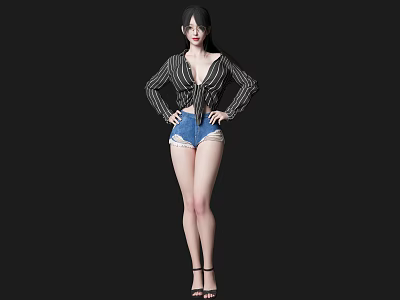 Woman With Long Black Hair In Striped Cardigan Blue Denim Shorts And Black High Heels 3d model