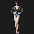 Woman With Long Black Hair In Striped Cardigan Blue Denim Shorts And Black High Heels 3d model