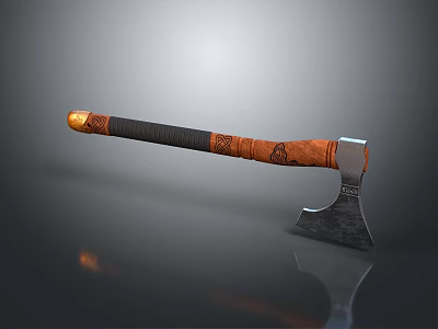 Handcrafted Axe With Wooden Handle Carved Patterns Black Grip And Metal Head 3d model