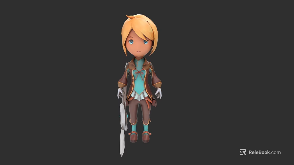 3D Game Character With Blonde Short Hair Blue Eyes Brown And Blue Outfit Holding Sword 3d model 