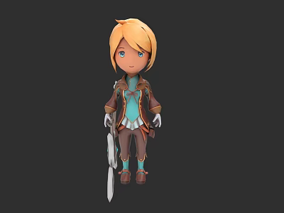 3D Game Character With Blonde Short Hair Blue Eyes Brown And Blue Outfit Holding Sword 3d model