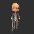 3D Game Character With Blonde Short Hair Blue Eyes Brown And Blue Outfit Holding Sword