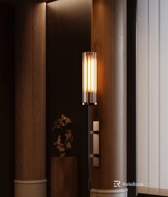 Modern Glass Wall Lamp With Warm Light On Wooden Wall And Decorative Ornament 3d model 
