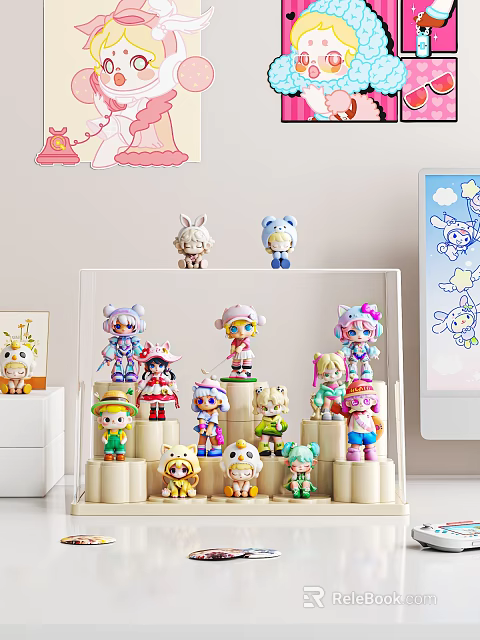 Transparent Figure Display Cabinet With Various Anime Character Figures On Layered Shelves 3d model 