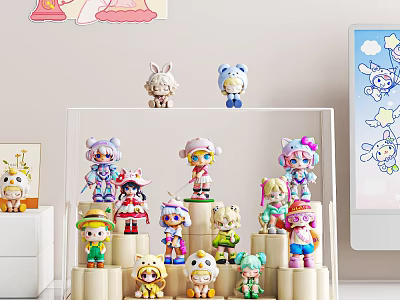 Transparent Figure Display Cabinet With Various Anime Character Figures On Layered Shelves 3d model