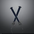 Crossed Blue And White Swords With Ornate Hilts On Reflective Dark Background