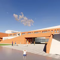 Modern School Building Exterior With Multiple Floors Large Windows Colorful Accents And Staircase Design