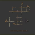 Ancient Architectural Ruin Models with Arches Walls and Bridges in Earthy Yellow on Gray Background