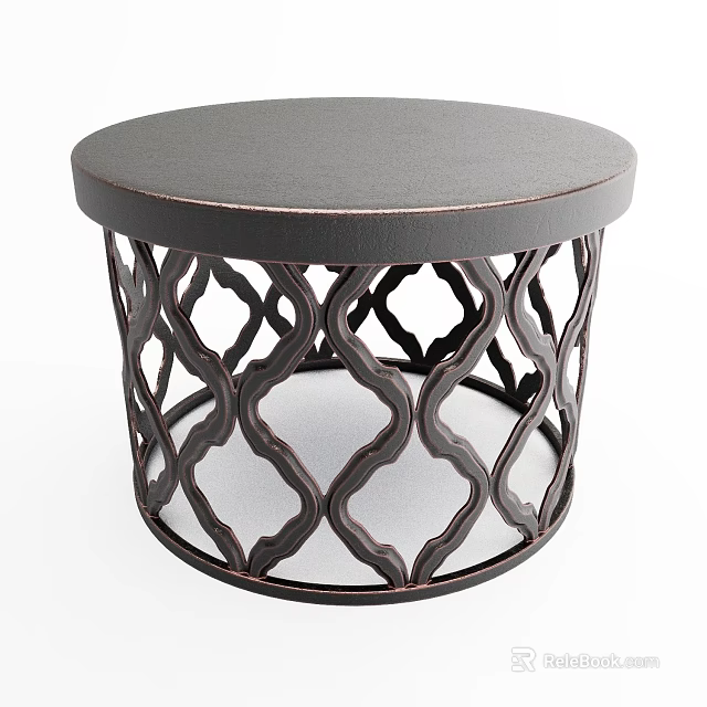 Round Modern Coffee Table With Dark Gray Top And Intricate Metal Lattice Base 3d model 