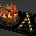 Fresh Strawberry Tart with Red Berries Striped Wafer Sticks and Powdered Sugar on Black Tray