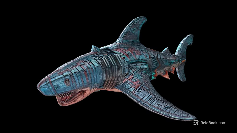 3D Rendered Mechanical Shark Featuring Colorful Intricate Patterns And Artistic Design 3d model 