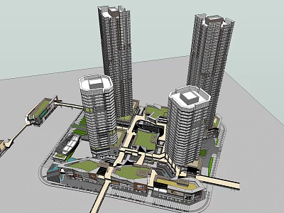 Modern High Rise Office Towers With Green Landscaped Areas And Pedestrian Paths 3d model