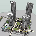 Modern High Rise Office Towers With Green Landscaped Areas And Pedestrian Paths