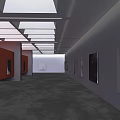 Contemporary Art Gallery Interior With White Ceiling Gray Walls Orange Displays And Paintings