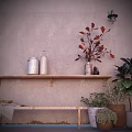 Bonsai Potted Plants on Wooden Shelf with Silver Jars Red Brown Leaves Light Pink Wall