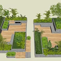 Lush Green Plants In Modern Garden Design With Wooden Platforms And Concrete Planters