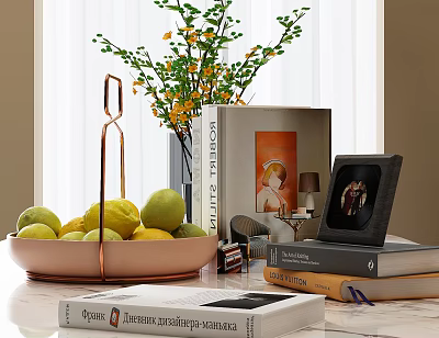 Stylish Decorative Ornament Set With Flower Vase Lemon Fruit Bowl Stacked Books And Photo Frame 3d model
